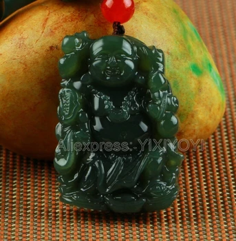 Krásne Prírodné Zelené HeTian Jade Vyrezávané Čínsky Larghing Buddha Amulet Lucky Prívesok + Zadarmo Náhrdelník Certifikát Jemné Šperky