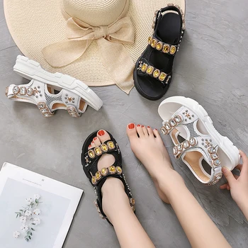 Dámske sandále v lete Drahokamu kožené sandále žena ploché dno módny trend žena obuv black kvalitné luxusné sandále