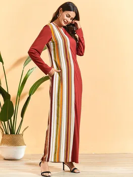 Siskakia Dlhý Rukáv Šaty na Jeseň 2020 Nové Prúžok Kontrast Farieb patckwork Maxi Šaty Bežné Pletené Msulim Arabské Odevy Červená