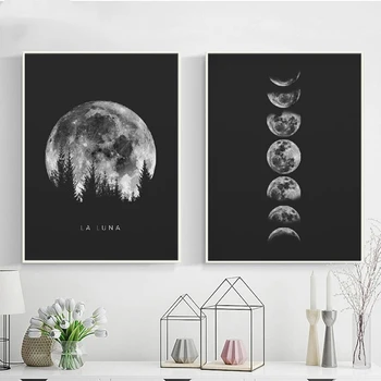 Minimalistický Full Moon obrázok Plagátu Čierna Biela Fáz Mesiaca Vypíše Solárneho Systému Plátno na Maľovanie na Stenu Umenia pre Domáce a Spálňa Decor