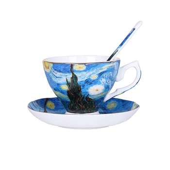 Van Gogh Maľovanie Kosti Čína Keramické Šálky Kávy s Lyžicou a Zásobník Coffeeware Sady
