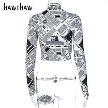 Hawthaw Ženy Móda Jeseň List Vytlačený Dlhý Rukáv Slim T Shirt Tees Krátke Topy Jeseň Oblečenie Chudá 2020