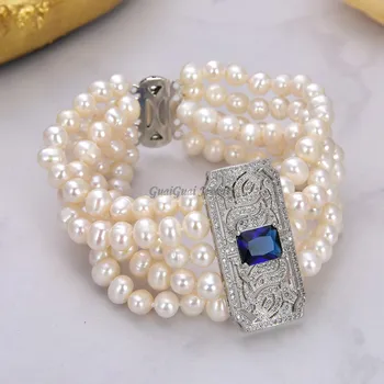 GuaiGuai Šperky Prírodné Perly 5Rows Biela Kolo Sladkovodné Perly Náramok Modrá CZ Konektor