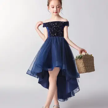 Elegantné Tmavo Modré Korálky Dievča Šaty Rameno dievčenské slávnostné šaty Dievča Sprievod Party Šaty Flower Svadobné Šaty dieťa dievča