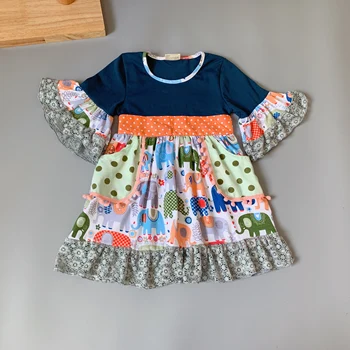 Nové dievča dizajn detské Letné Bavlna slon vzor čipky šaty hodvábne Šedá Tmavo zelené šaty hore