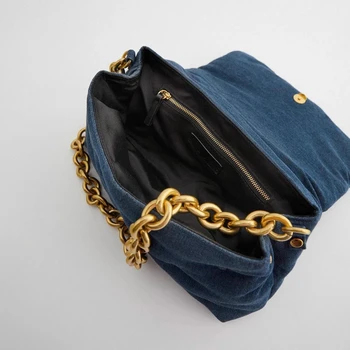 Retro Blue Denim Prešívaný Ženy Ramenný Messenger Crossbody Tašky Luxusné Dizajnér Hrubé Zlaté Reťaze Kabelky Lady Peňaženky Žena