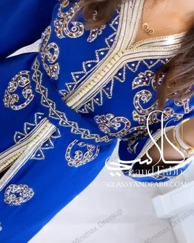 Vintage Blue Šifón A-line Marocký Kaftan Moslimských Večerné Šaty Dlhé Rukávy Lištovanie Dubaj Arábia Formálnej Strany Šaty Prom Šaty