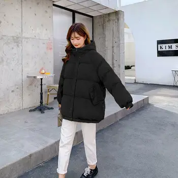 Kórejský 2021 Zimný Kabát Ženy S Kapucňou Solid Black White Žena Teplé Zahustiť Nadol Bunda Voľné Nadrozmerné Dámske Krátke Parkas
