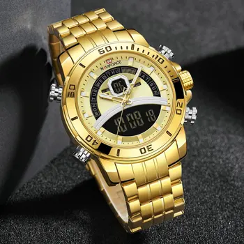 NAVIFORCE Digitálne Hodinky Mužov Športové Hodinky Pánske 2020 Luxusné Značky Zlaté Náramkové hodinky z Ocele Popruh Duálny Čas Relogio Masculino 9181