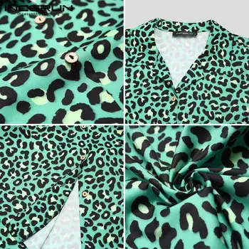 Leopard Tlač Mužov Havajské Košele Pláži 2021 Krátky Rukáv Bežné Blúzka Klope Camisa Streetwear Lete Elegantné Mužov Oblečenie INCERUN