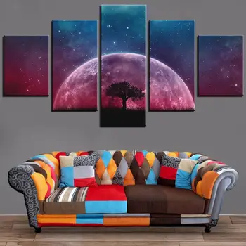 5 Kusov Mesiac a Strom Plátno na Maľovanie Priestor Plagáty Hviezdne Nebo Obrázky Fialové Modré Tapety Pre Domáce Spálňa Izba Dekor Umenie
