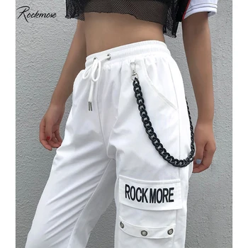Rockmore Black Cargo Nohavice S Reťazca Vrecká Ženy Vysoký Pás Nohavice Biele Širokú Nohu, Nohavice Femme Nohavice Zimné Streetwear Jeseň
