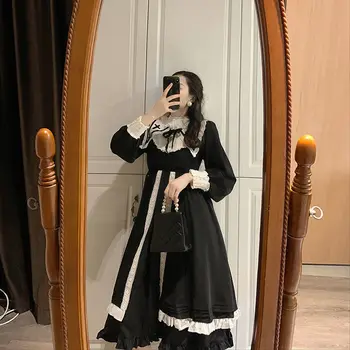 Čierna Vintage Šaty Žien Francúzsky Elegant Gothic Lolita Šaty Žena Čipky Dlhý Rukáv Stáť Večerné Party Šaty Kórea 2020 Jeseň