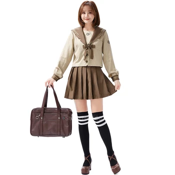 JK Uniformy pre Dievčatá Japonské Anime Námorník Tmavomodrý Kostým Hnedá Dlhý Rukáv Študent Školskú Uniformu Topy+Kravatu+Sukne