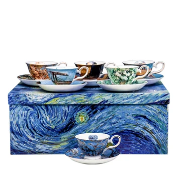 Van Gogh maľovanie dizajn 6 šálok a 6 taniere a zlato police s darčeka a keramické šálku kávy sady