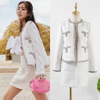 Kpop kórejský Celebrity Jeseň nové módne voľné elegantné vlnené sako kabát+sexy tlačidlo Vysoký pás mini sukne ženy dve dielna sada