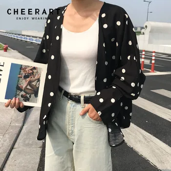 Cheerart Polka Dot Blúzka Ženy Čierne Kimono Cardigan Kórejský Bielizeň Ženy Top, Šaty, Blúzky Femme 2018 Jeseň