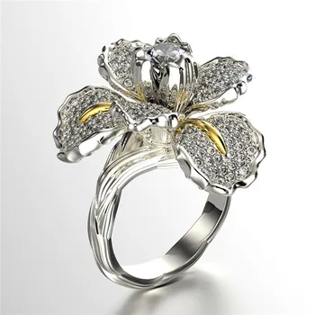 Luxusné Žena Veľký Biely Modrý Kvet Krúžok Kúzlo Crystal Zirkón Kameň Zásnubný Prsteň Elegantná Zlatá Farba Snubné Prstene Pre Ženy