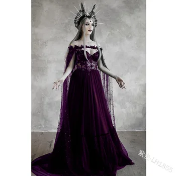 Halloween Cosplay Kostým pre Ženy Stredoveké Gotické a Renesančné Čarodejnice Čipky Steh Víla Šaty Upír Vintage Čierna Maxi Vestido