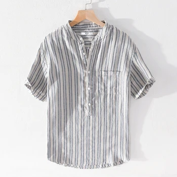 Prekladané ľan letné tričko mužov značky ležérne košele pre mužov módne stojan golier košele mens voľné priedušná mužské košele