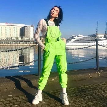 BOOFEENAA Reťazca Pracky Neon Zelená Trakmi pre Ženy Oblečenie 2019 Bežné Kombinézach Streetwear Módy Lete Romper C94-AI86