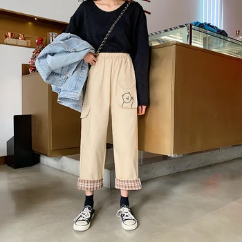 Japonský Kawaii Mäkké Dievča Kórejský Teen Voľné Tenké Nohavice Cartoon Králik Výšivky Vrecku Koberčeky Spájať Kliešte Bežné Nohavice