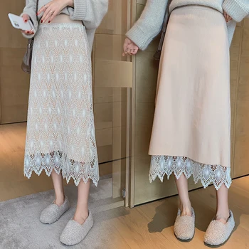 2020 Snordic Ženy Jeseň Elegantné Elastické Vysoký Pás Čipky Vrstva Pletené Dlho-line Sukne Béžová Jupes