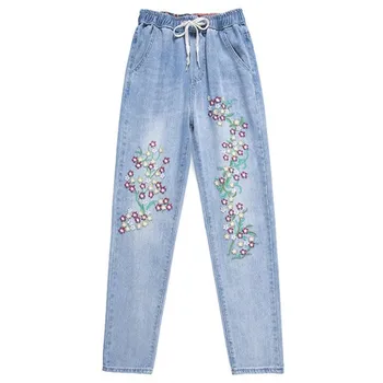 2020 nové výšivky džínsy dámske elastické vysoký pás voľné retro Harlan vyšívané nohavice nohavice