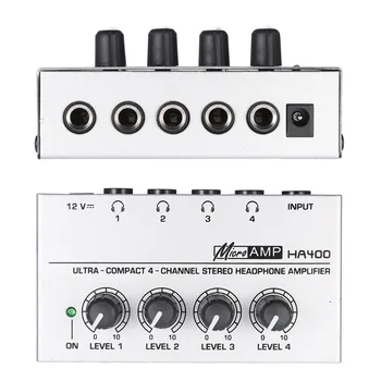 HA400 Ultra-kompaktný 4 Kanály Mini Audio Stereo Slúchadlový Zosilňovač s napájacím Adaptérom