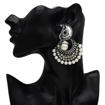 Afganský Turecko farbu Zlata Kovové Dlhé Náušnice Kvapka Veľké Pearl Flower Crystal oxidovaného India Jhumka Vyhlásenie Ženy, Etnické Šperky