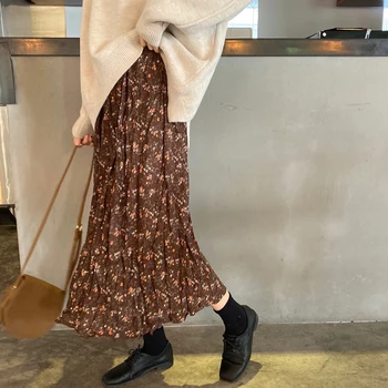 Vintage Kvetinový Tlač-line Skladaný Dlhé Sukne Zimné Ženy kórejský Sukne Streetwear Elastické Šnúrkou Pás Midi Sukňa s Podšívkou