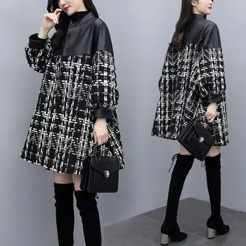 Zimné 2020 nové žien voľné Pu patchwork tweed kockovaný kabát stredná dĺžka vlnené kabát