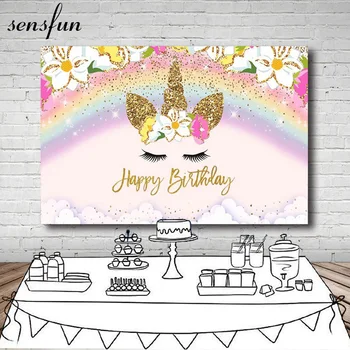 Sensfun Krásne Jednorožec Strany Pozadie Kvety Rainbow Gold Glitter Jednorožec Dievčatá Happy Birthday Fotografie Zázemia