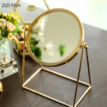 Meď ploche make-up zrkadlo zlaté toaletné sklo, zrkadlo princezná okrúhle zrkadlo s prenosné kozmetické zrkadlo espejos decorativos