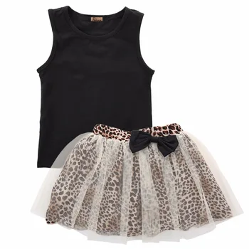 Módne detské oblečenie set baby girl bez rukávov black topy tutu leopard luk sukne 2ks sladké vyhovuje novonarodené deti oblečenie