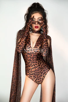 Leopardí Vzor Kombinézu Rukavice Top Fashion Sexy V Krku Narodeninovej Party Bodycon Oblečenie Žien Spevák Zobraziť Výkon Kostým