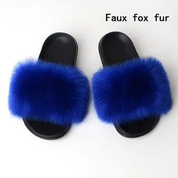 Dámske Letné Fox Kožušiny Papuče Reálne Kožušiny Listov Žena Krytý Flip Flops Bežné Raccon Kožušiny Sandále Chlpaté Načechraný Plyšové Topánky