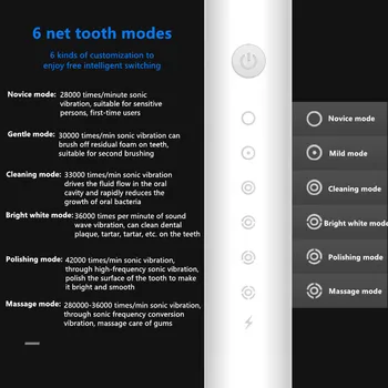 Sonická Elektrická zubná Kefka 6 Režim USB Nabíjačka IPX7 Nepremokavé Dospelých časovač Kefky Zubné Kefky Náhradné Hlavy, Bielenie Zubov