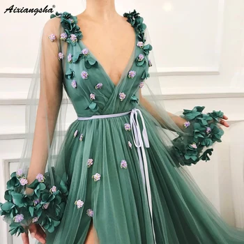 Tylu Zelená Večerné Šaty 3D Kvet Zloženke Pásu A-Riadok tvaru Plný Sleevs Split Dlhé Večerné Šaty Spical Formálnej Strany Plášte
