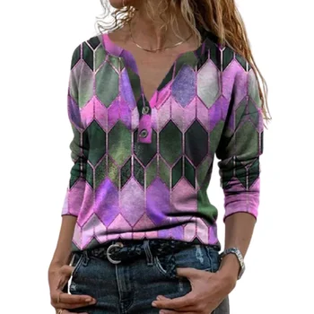 5XL Plus Veľkosť Ženy Ročník Tlače Tričko Dlhý Rukáv Split tvaru Nové Geometrické Tlač T-shirts Lady Streetwear Top Femme