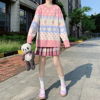 Dámske Svetre Japonský Kawaii Ulzzang Vintage Jahoda Lenivý Iny Voľné Sveter Žena kórejský Harajuku Oblečenie Pre Ženy