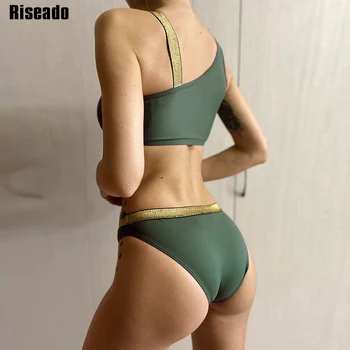 Riseado Jedného Pleca Sexy Bikiny Lesklé Plavky Armády Zelené Plavky Ženy Push Up Biquini 2021 Popruh Plavky Plážové Oblečenie