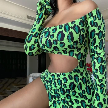 OMSJ New Style Zelená Leopard Tlač Mini Šaty Off-ramenný Celý Rukáv Duté Z Sexy Nepravidelný Lady Obväz Vestidos 2020