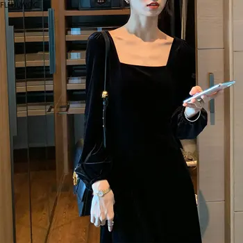 Nové Módne Francúzsko Štýl Ženy Zime Jar Dlhý Rukáv Elegantné Office Lady Námestie Krku Solid Farba Vintage Čierne Šaty O1480