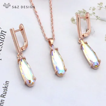 S&Z DESIGN kórejský Módne Kvapka Vody Crystal Šperky Set Rose Gold Visieť Náušnice Prívesok Náhrdelník Pre Ženy, Luxusné Šperky