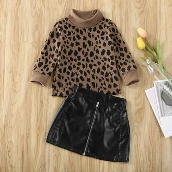 2020 Nové 1-5 Rokov Batoľa Detský Baby Girl Jeseň Oblečenie Nastaviť Leopard Sveter Topy + Mini, PU Kože, Sukne, Šaty, Oblečenie