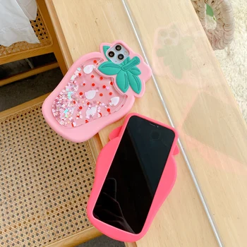 3D Ovocie Jahody Dynamické Lesk Kvapaliny Quicksand Telefón puzdro pre iPhone 11 Pro XS Max XR X 6 7 8 Plus Mäkké Silikónové Krytie