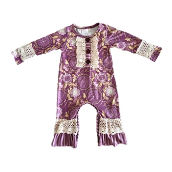 Dieťa boutique mäkkého materiálu oblečenie dievča dlhý rukáv jumpsuit, baby, dievčatá, fialová romper s čipky dizajn