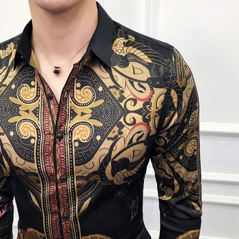 Luxusné čierne zlato vytlačené tričko muž 2019 nové slim dlho puzdre tričko Camisa Masculina spodnička mužov sociálny klub prom tričko