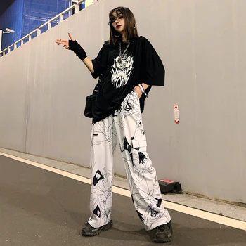 Tmavé biele voľné cool dievča Harajuku vysoký pás hip hop dámske nohavice čierna žena cargo nohavice Gotický voľné tepláky bezec